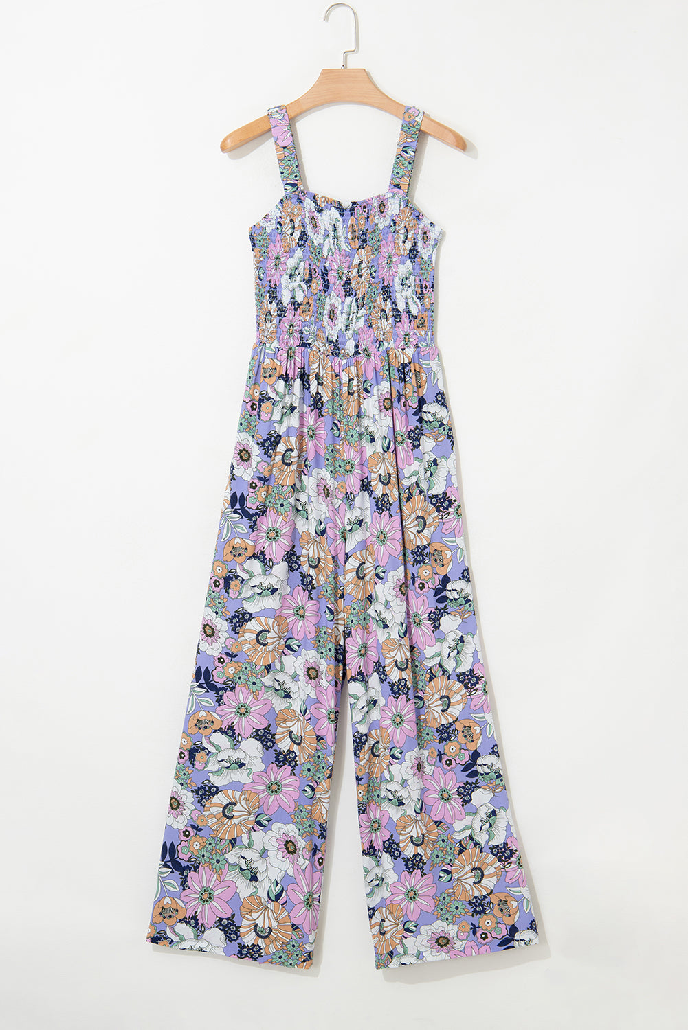 Floral Print Smocked High Waist Square Neck Jumpsuit — More Colors