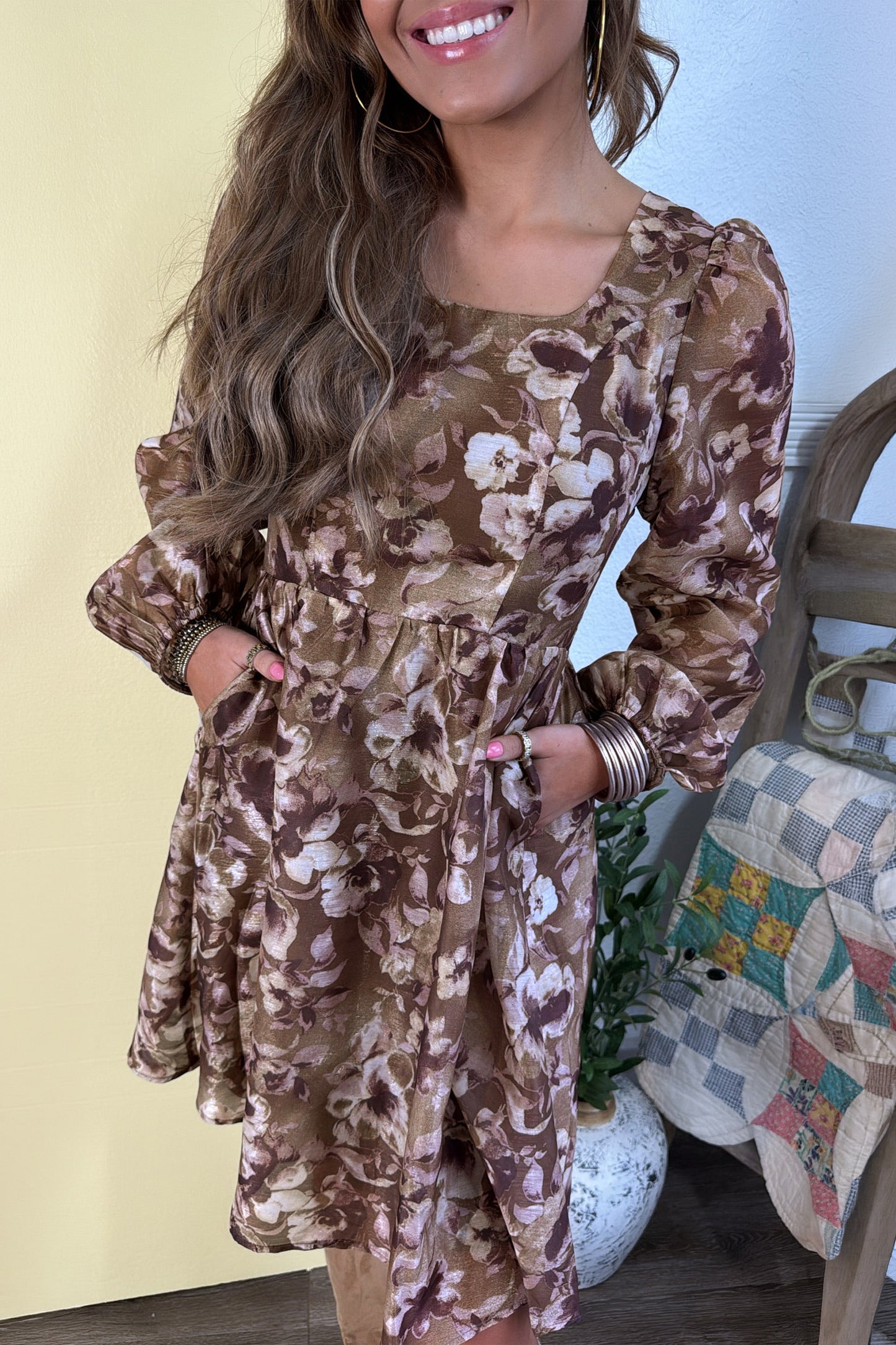 Brown Floral Print Square Neck Long Sleeve Dress