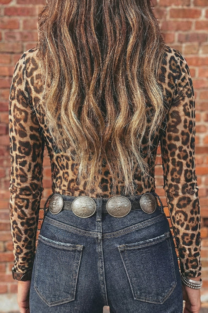 Print Sheer Mesh Long Sleeve Mock Neck Top — More Colors
