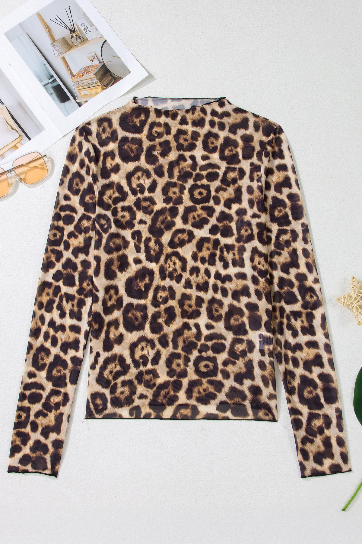 Print Sheer Mesh Long Sleeve Mock Neck Top — More Colors