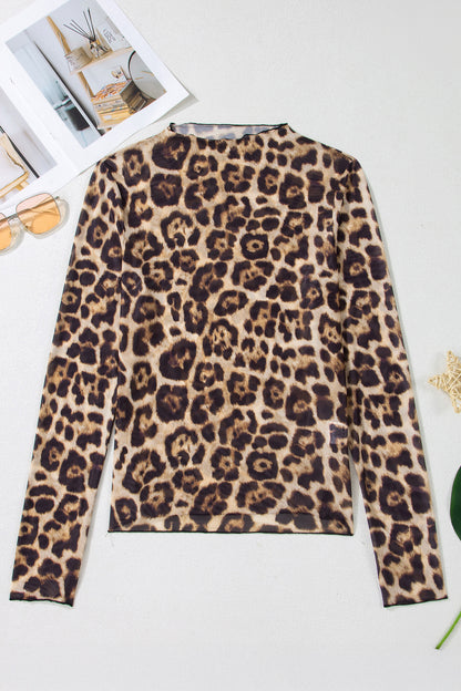 Print Sheer Mesh Long Sleeve Mock Neck Top — More Colors