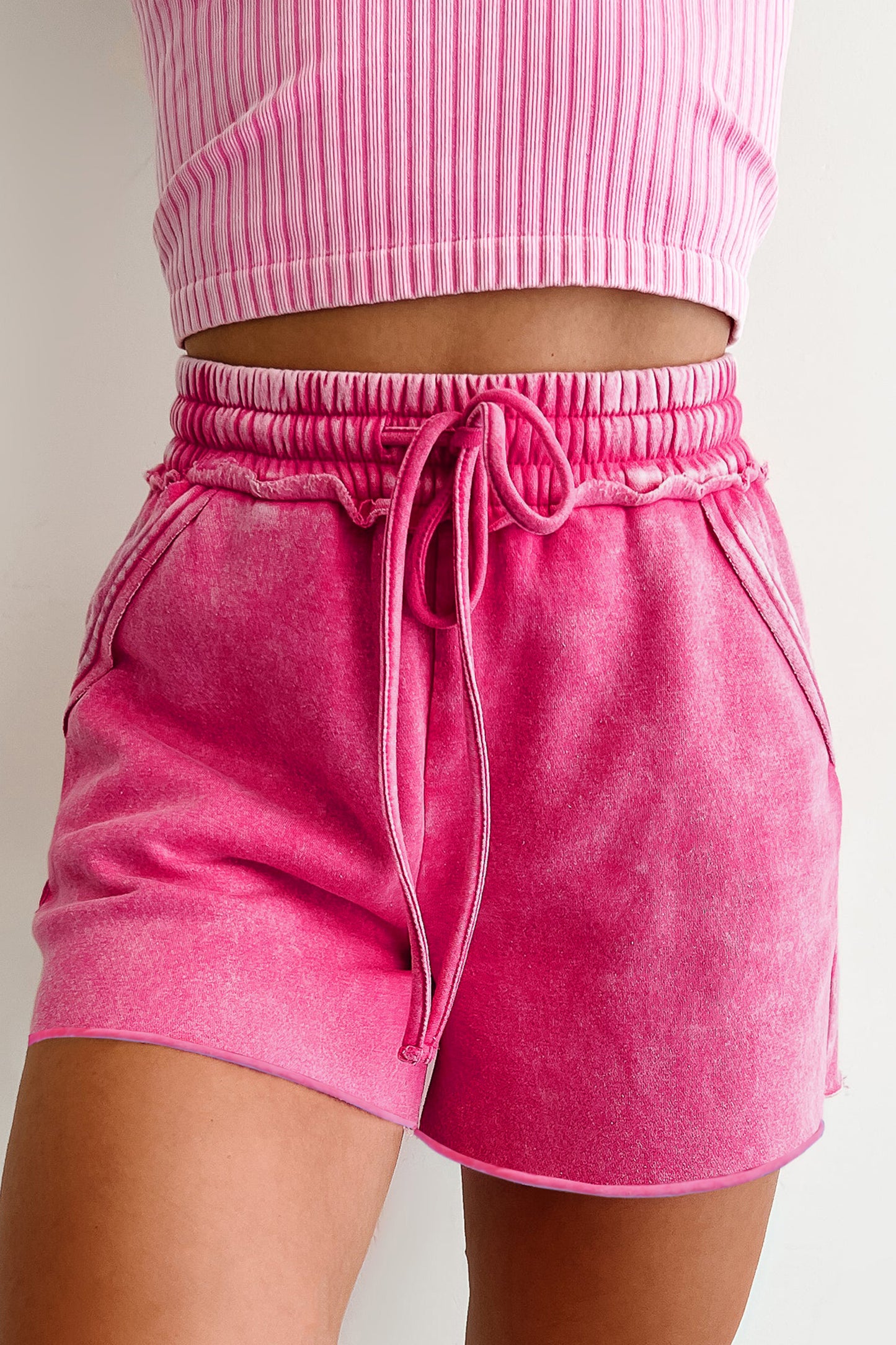 Mineral Washed Tie Elastic Waist Raw Cut Shorts — More Colors