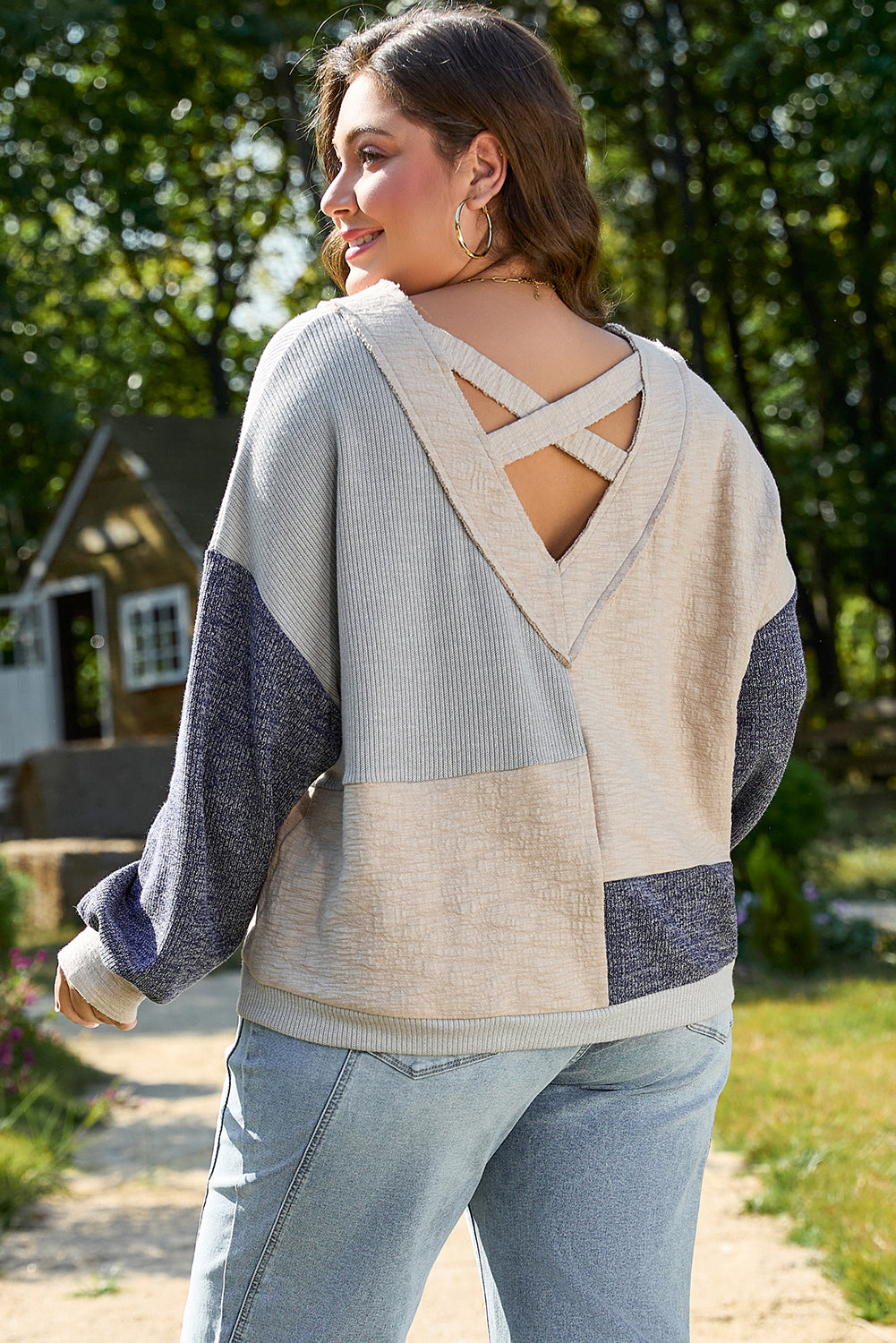 Plus Size Colorblock Patchwork V Neck Top