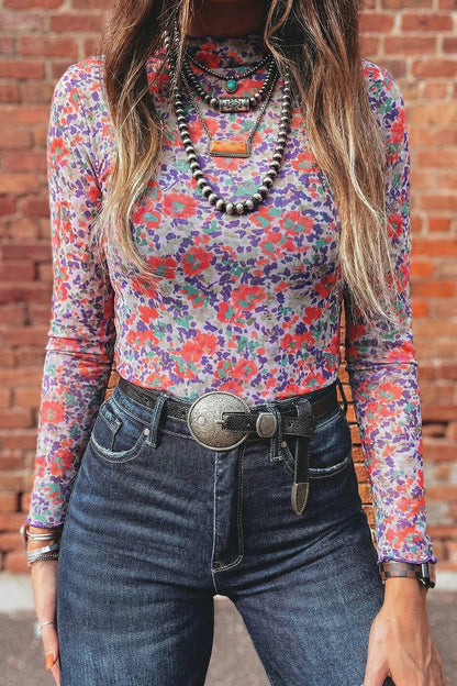 Print Sheer Mesh Long Sleeve Mock Neck Top — More Colors