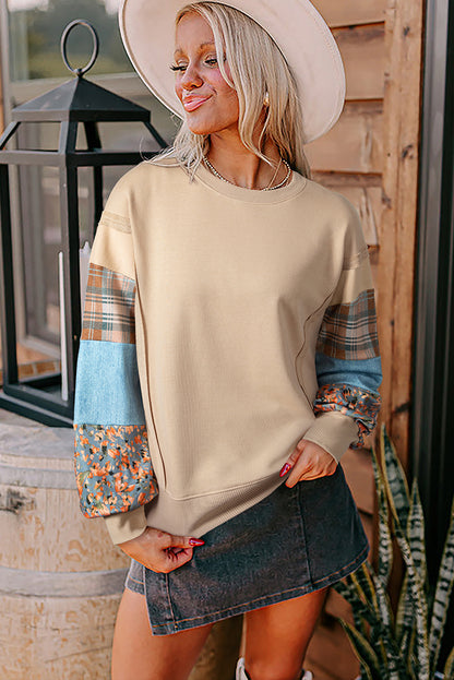 Plaid Colorblock Patchwork Sleeve Raw Seam Sweatshirt — More Colors