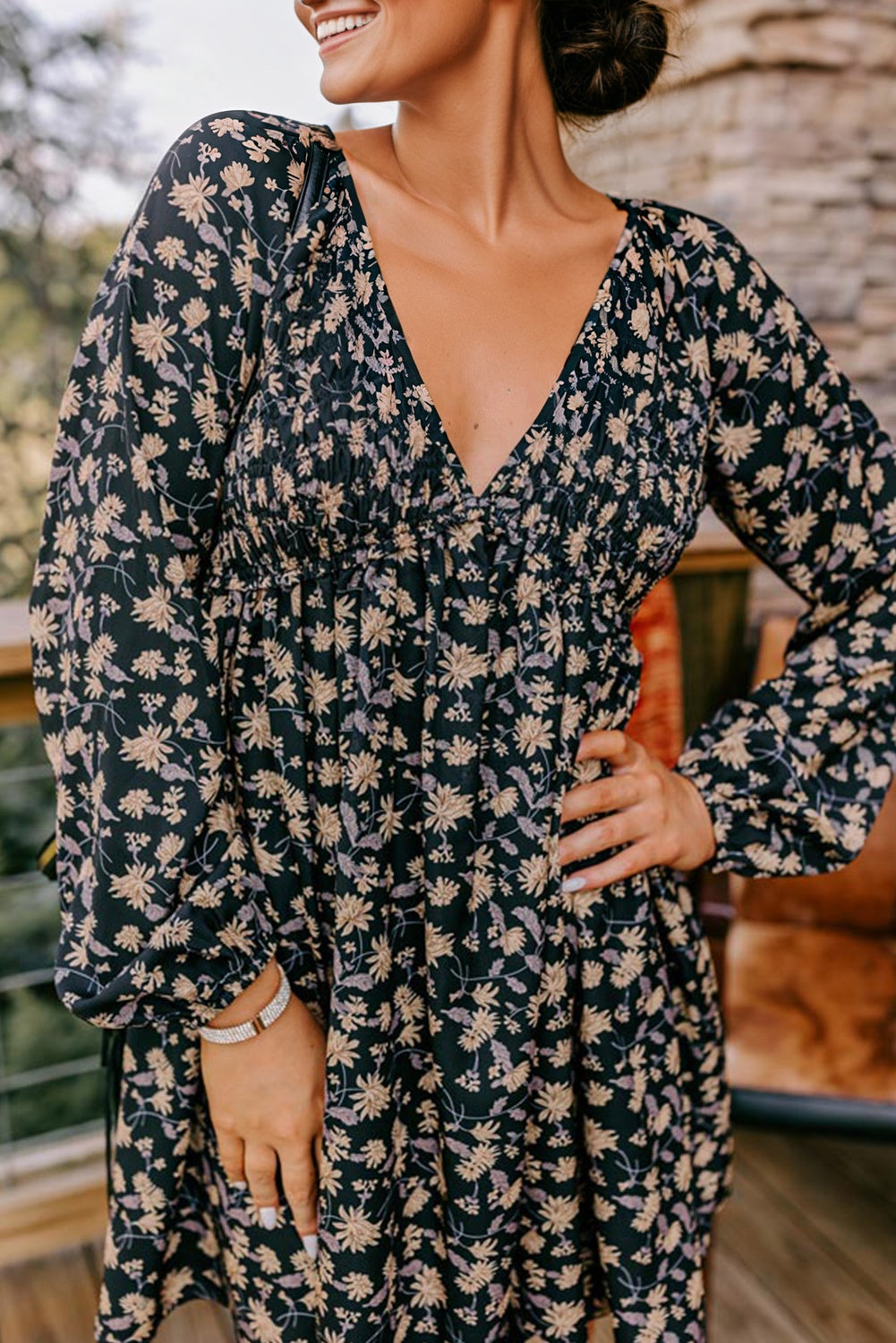 Floral Deep V Neck Babydoll Dress