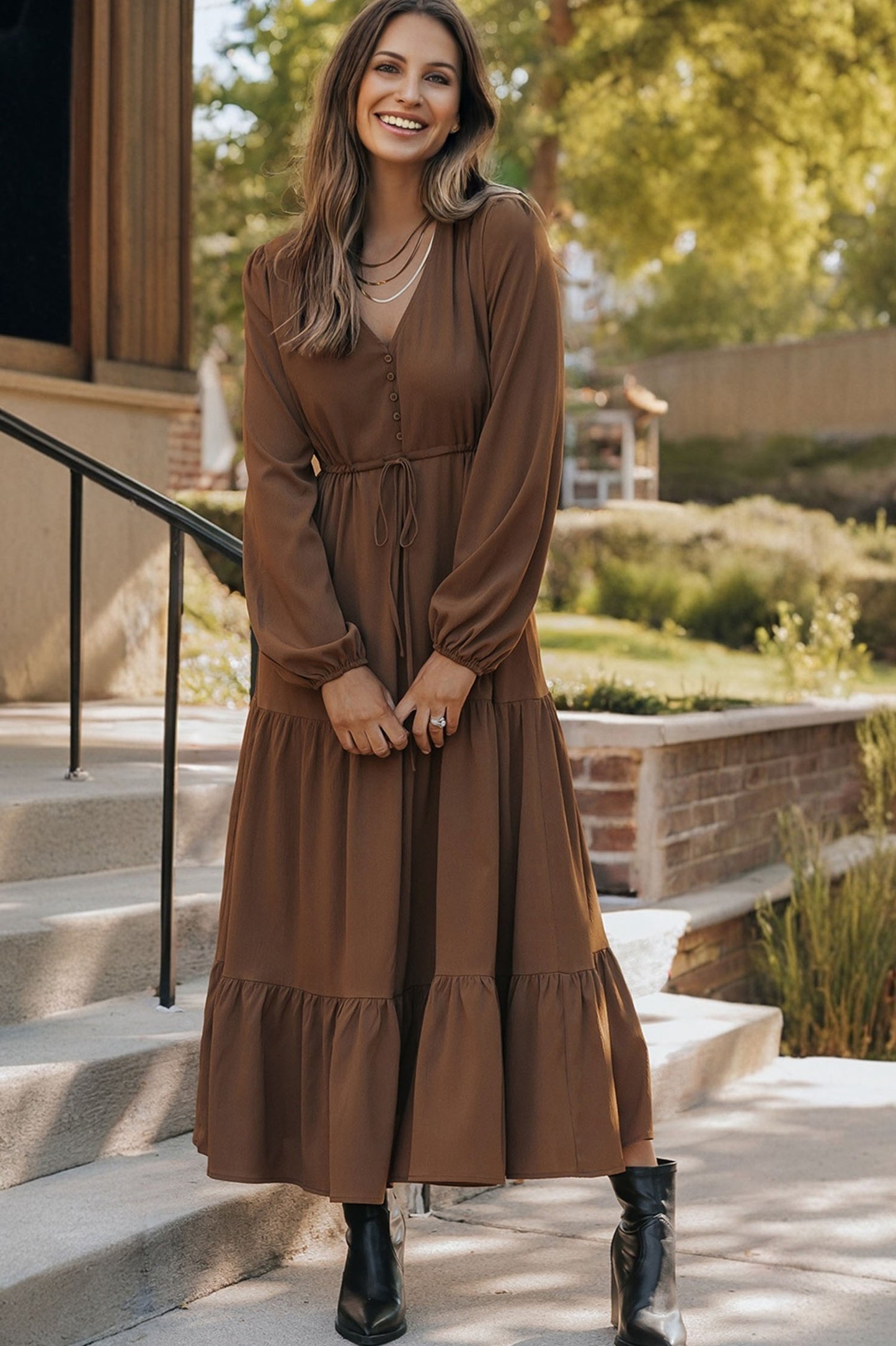 Long Sleeve Button V Neck Tiered Maxi Dress