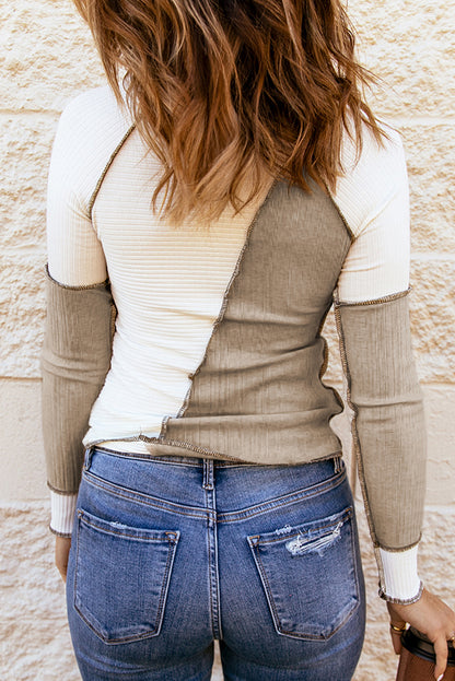 White Irregular Color Block Rib Knit Top