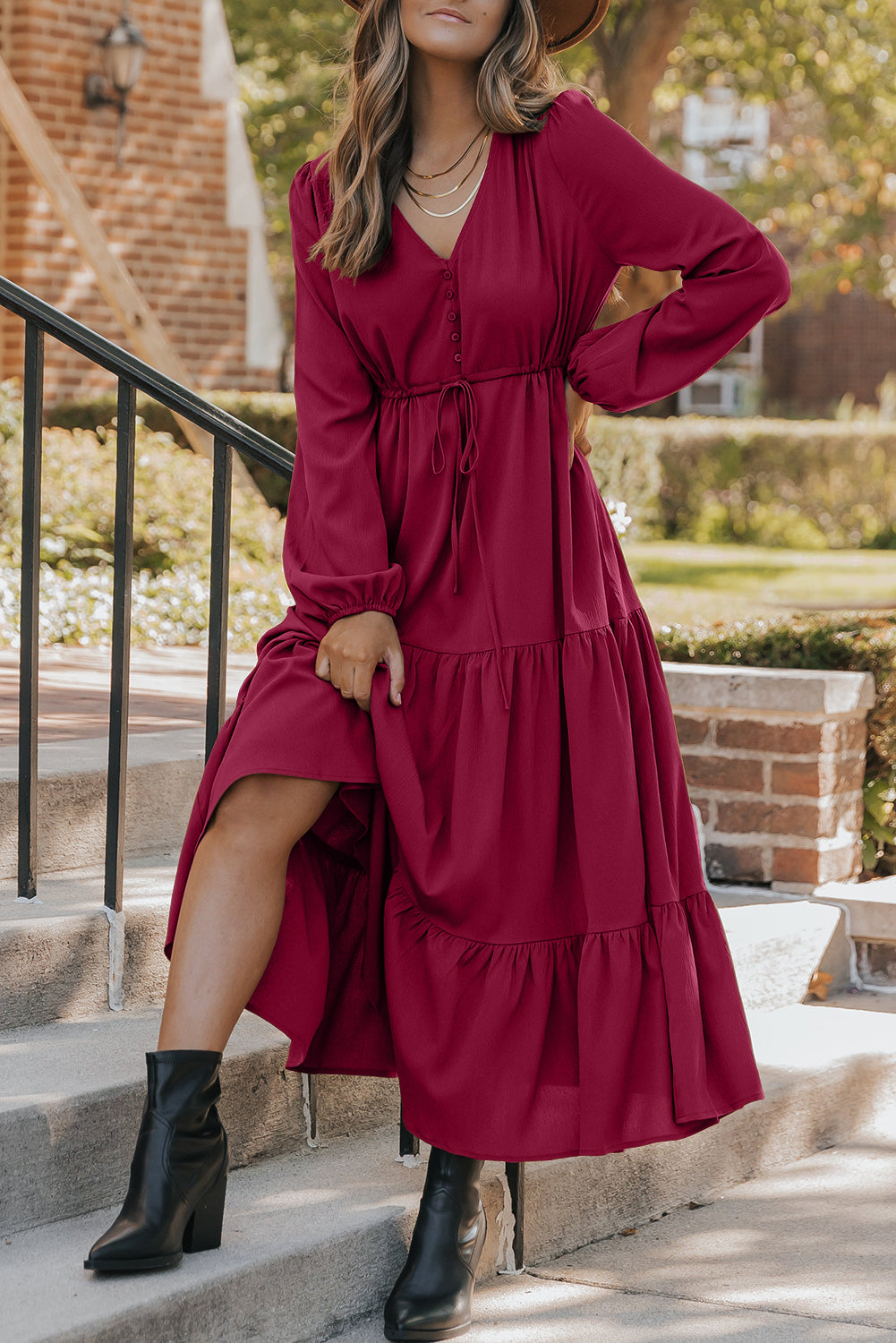Long Sleeve Button V Neck Tiered Maxi Dress