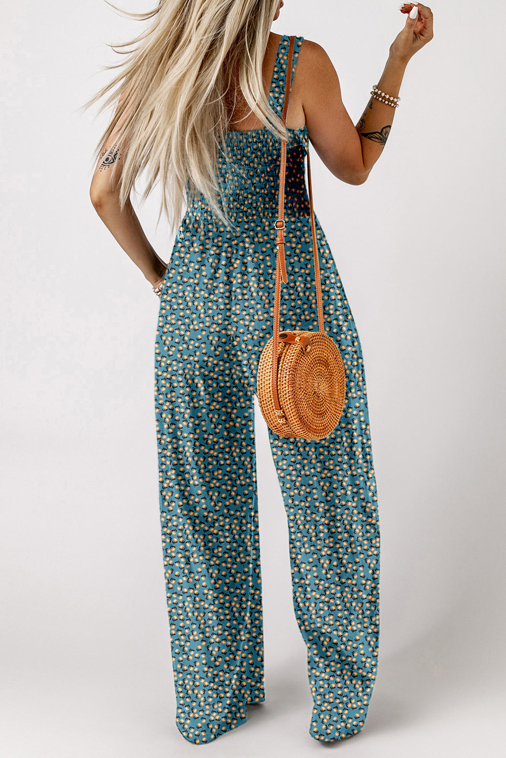 Floral Print Smocked High Waist Square Neck Jumpsuit — More Colors