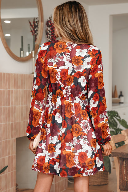 Red Floral V Neck Mini Dress