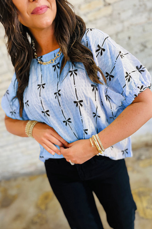 Bow Print Puff Short Sleeve Top — More Colors