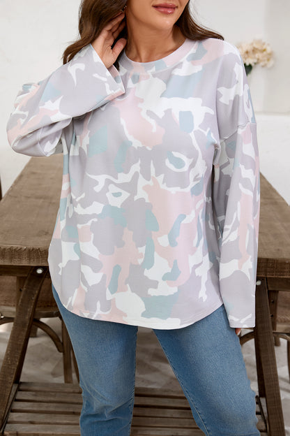 Plus Size Camo Drop Shoulder Loose Pullover Top