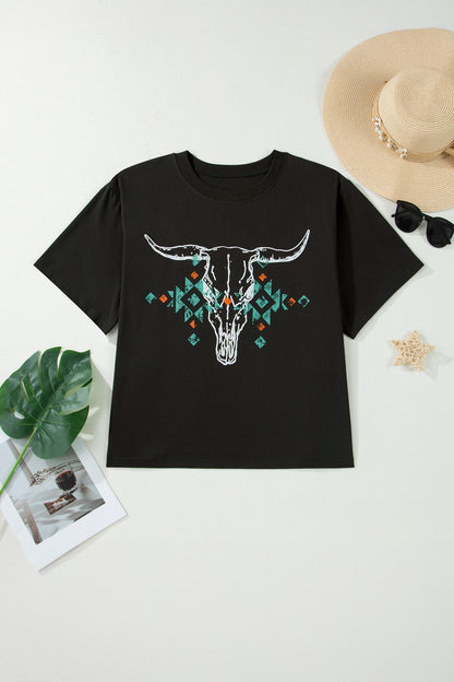 Plus Size Western Aztec Bull Skull Tee