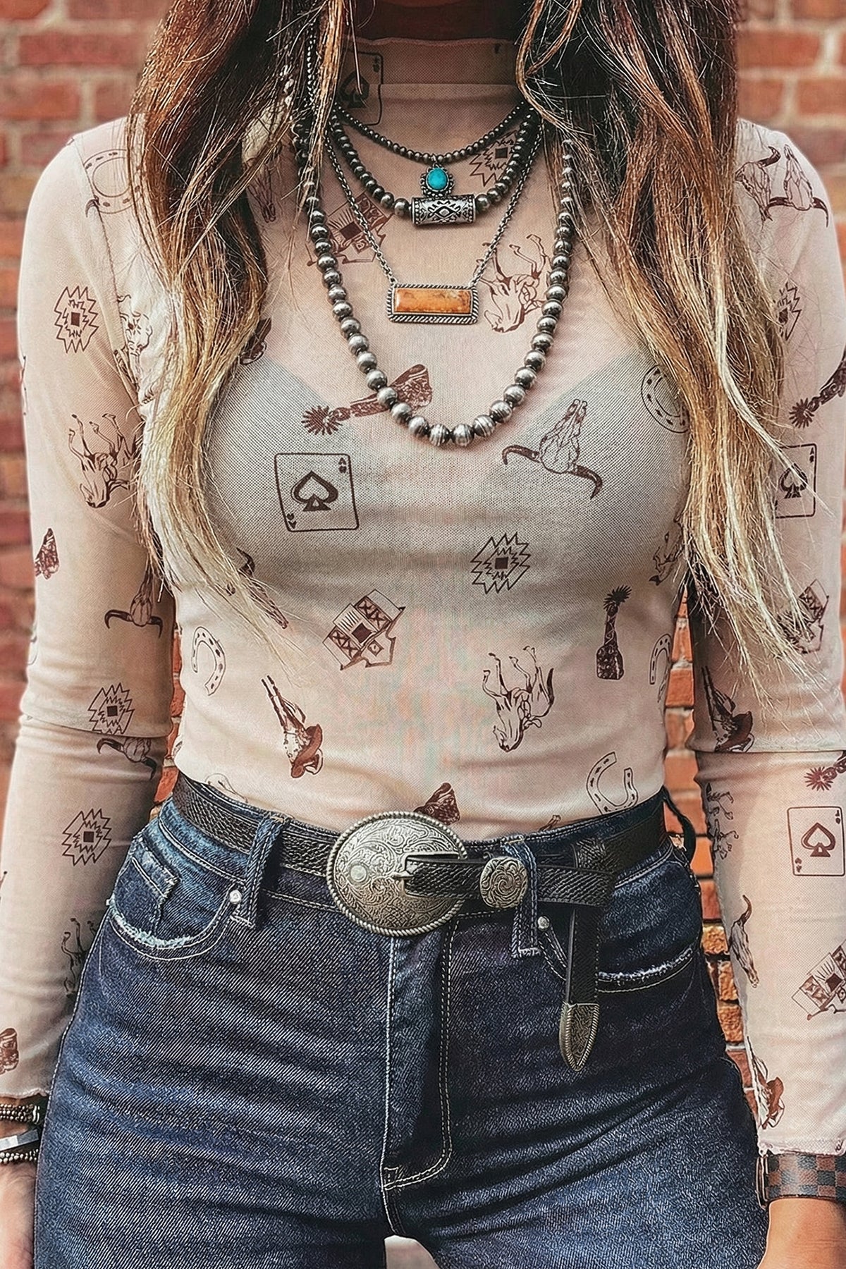 Print Sheer Mesh Long Sleeve Mock Neck Top — More Colors