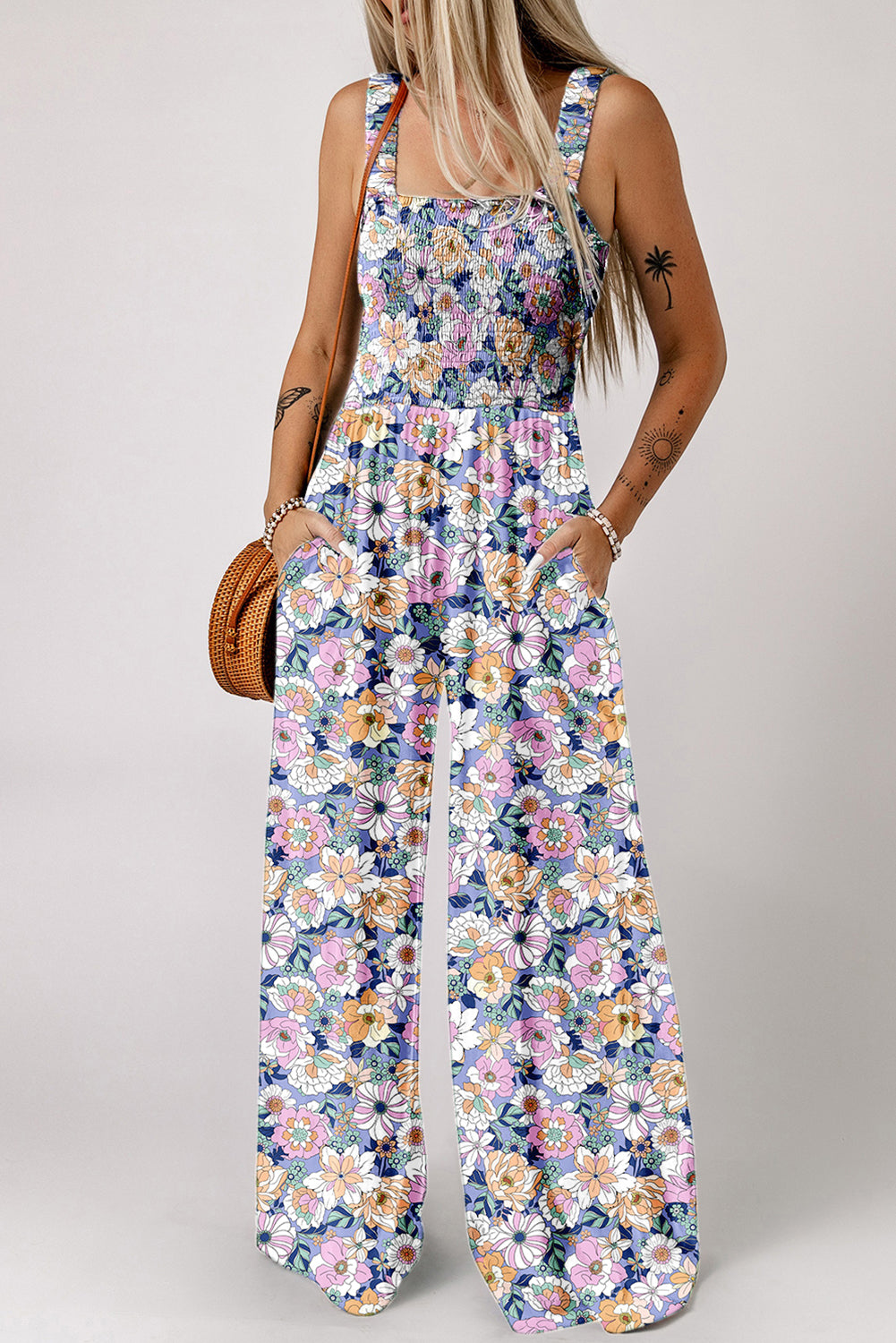 Floral Print Smocked High Waist Square Neck Jumpsuit — More Colors