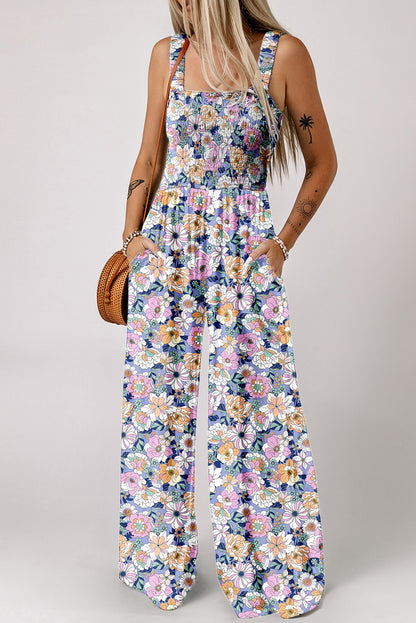 Floral Print Smocked High Waist Square Neck Jumpsuit — More Colors