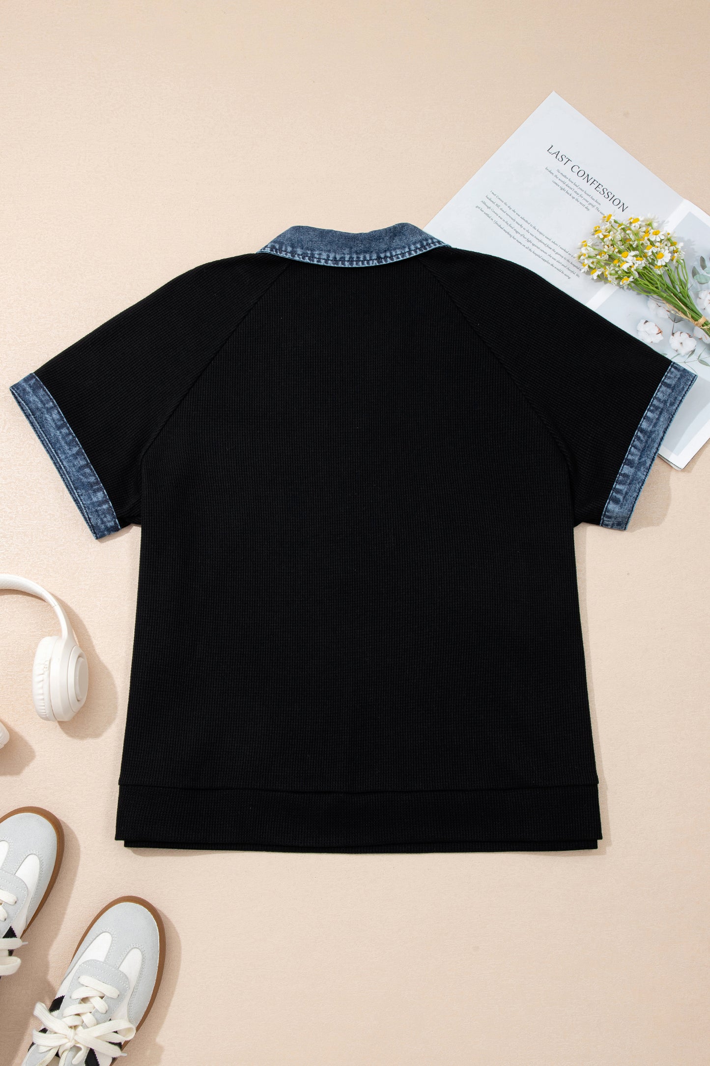Black Plus Size Denim Patchwork Button Polo