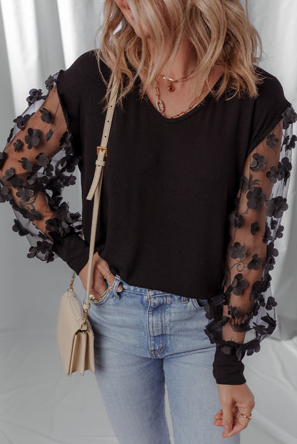 Black Flower Applique Mesh Blouse