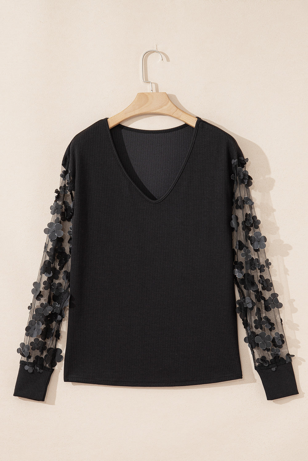 Black Flower Applique Mesh Blouse