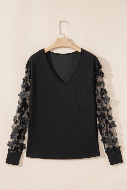 Black Flower Applique Mesh Blouse