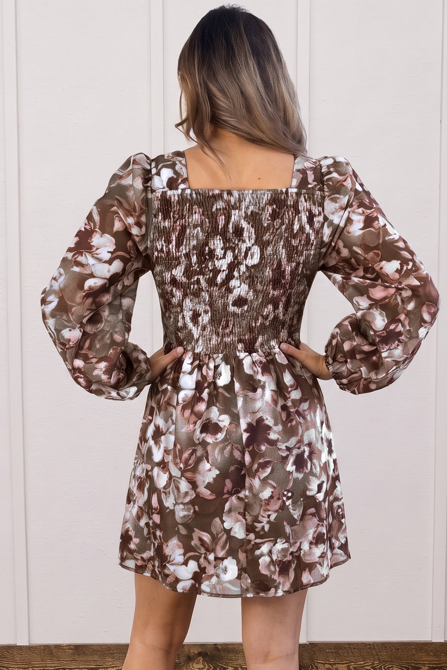 Brown Floral Print Square Neck Long Sleeve Dress