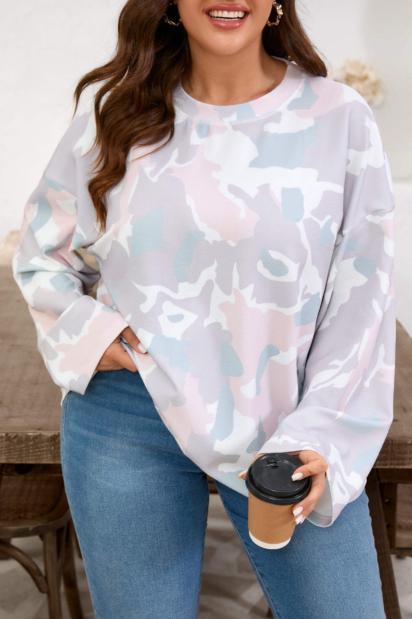 Plus Size Camo Drop Shoulder Loose Pullover Top