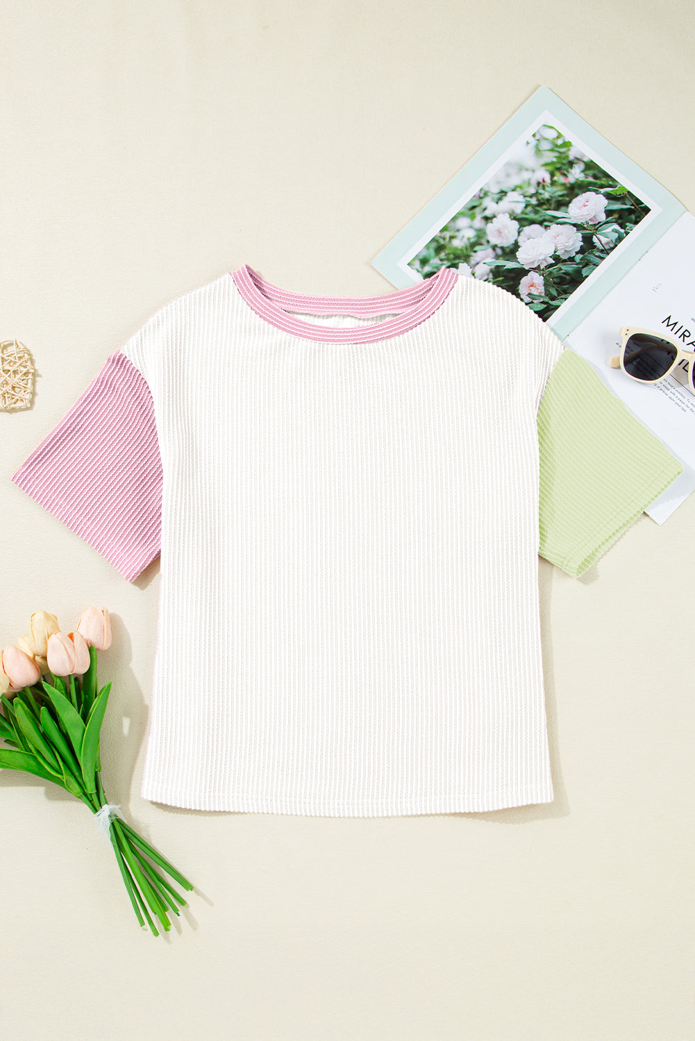 White Corded Colorblock Crewneck Top