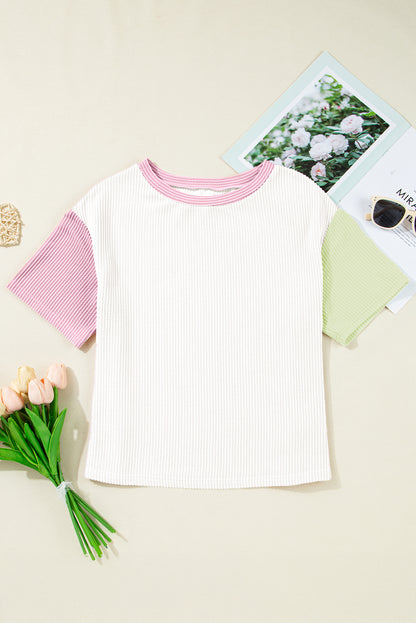 White Corded Colorblock Crewneck Top