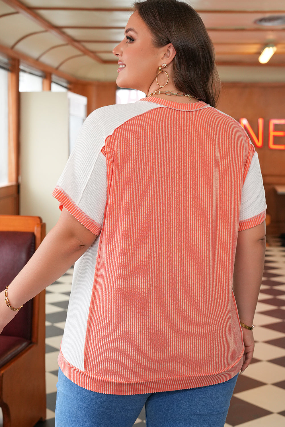 Plus Size Carrot Rib Colorblock Short Sleeve Top