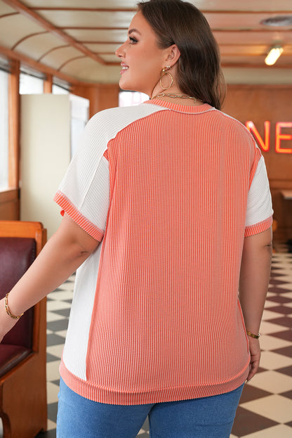 Plus Size Carrot Rib Colorblock Short Sleeve Top