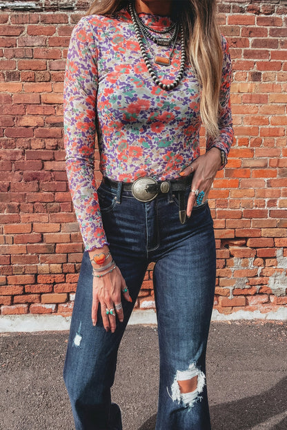 Print Sheer Mesh Long Sleeve Mock Neck Top — More Colors