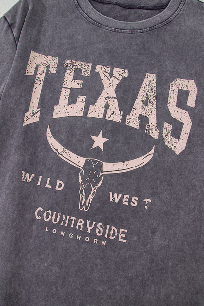 Grey Texas Steer Head Graphic Mineral Wash Oversized Tee