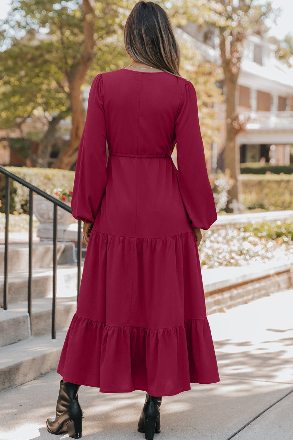 Long Sleeve Button V Neck Tiered Maxi Dress