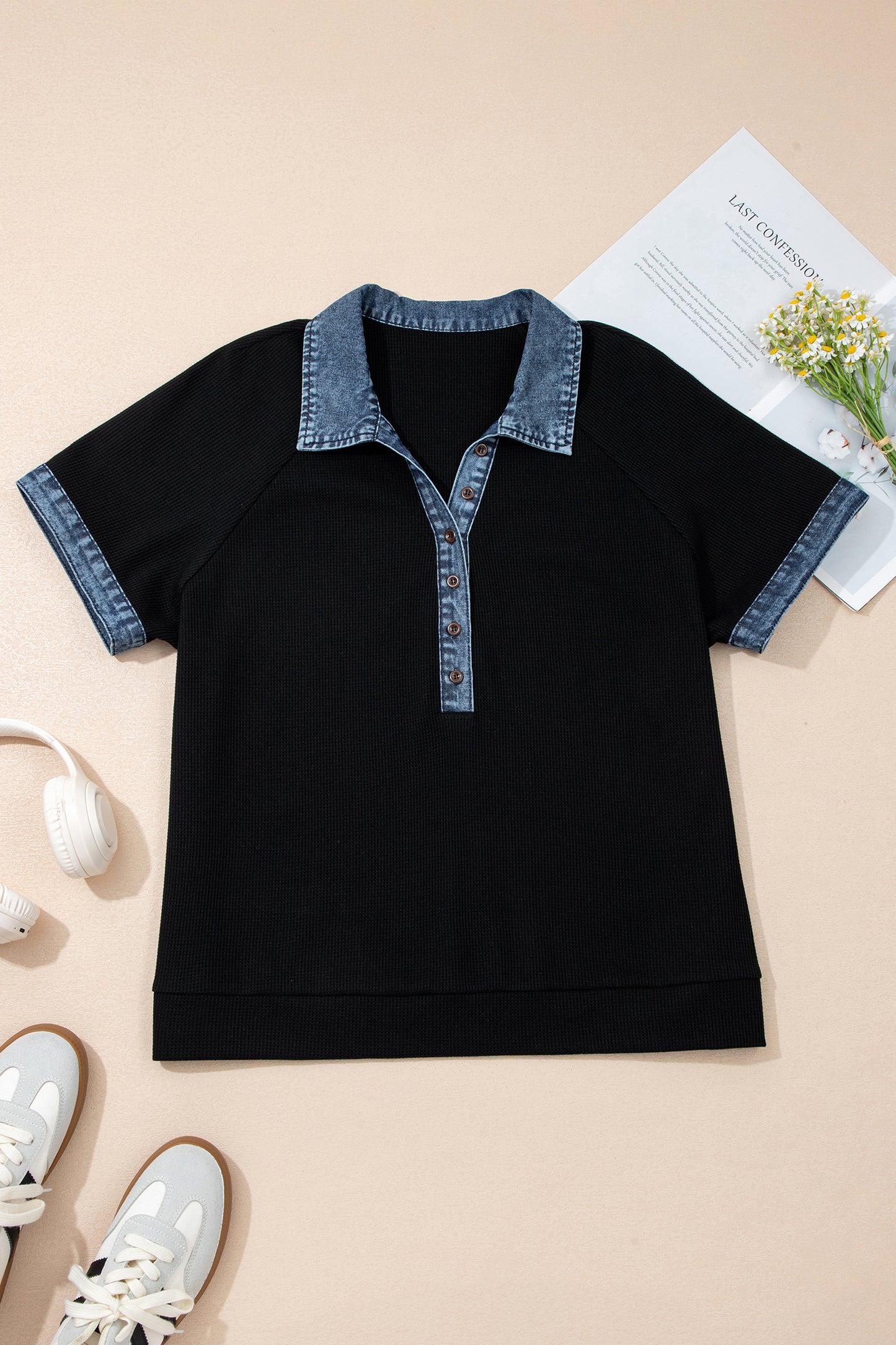Black Plus Size Denim Patchwork Button Polo