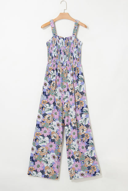 Floral Print Smocked High Waist Square Neck Jumpsuit — More Colors