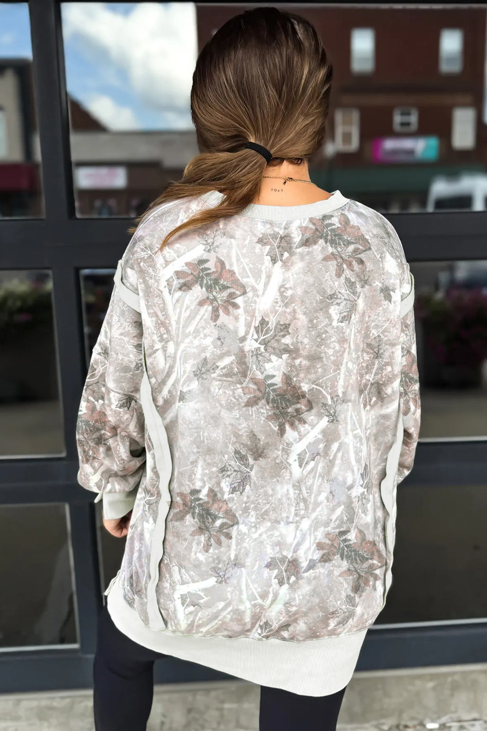 Gray Leafy Camo Print Exposed Seam Sweatshirt