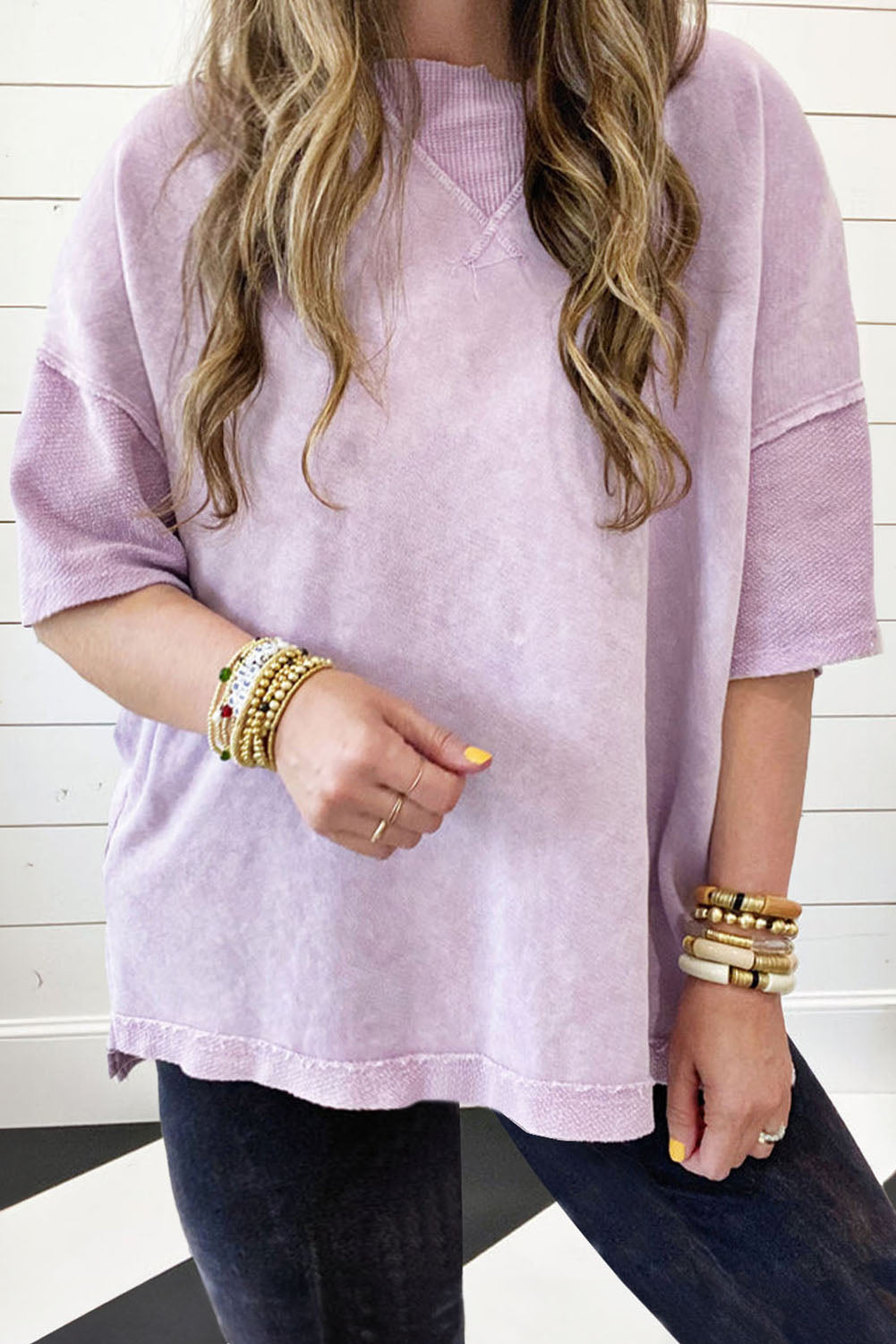 Mineral Wash Drop Sleeve Patchwork Plus Tee — More Colors