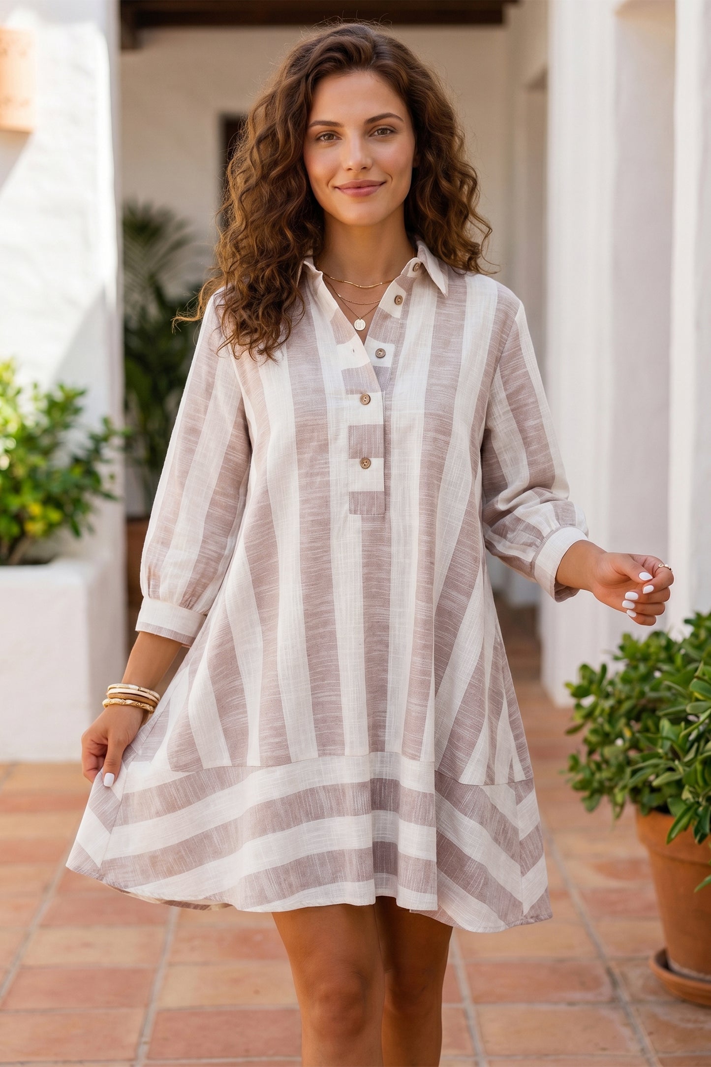 Khaki Stripe Striped Button-Up Dress