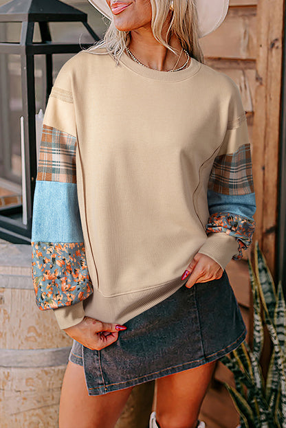 Plaid Colorblock Patchwork Sleeve Raw Seam Sweatshirt — More Colors