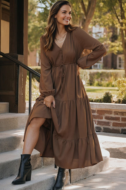 Long Sleeve Button V Neck Tiered Maxi Dress