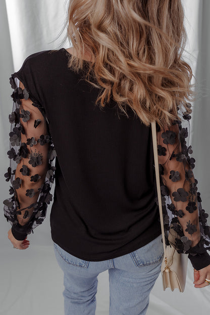 Black Flower Applique Mesh Blouse