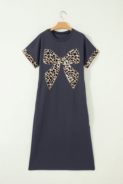 Leopard Bow Short Sleeve T Shirt Dress— More Colors
