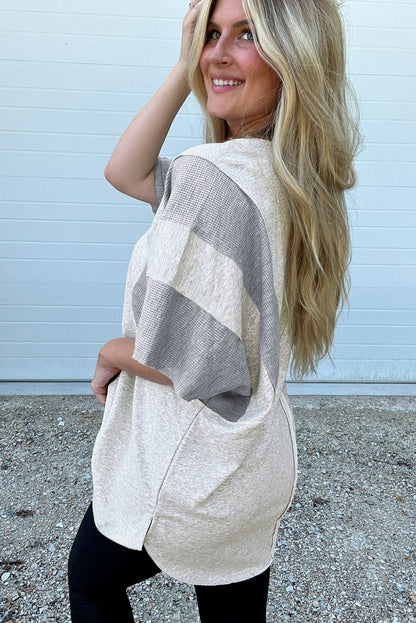 Light Grey Waffle Knit Buttoned V Neck Top