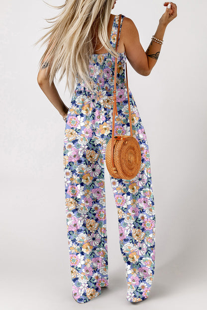 Floral Print Smocked High Waist Square Neck Jumpsuit — More Colors