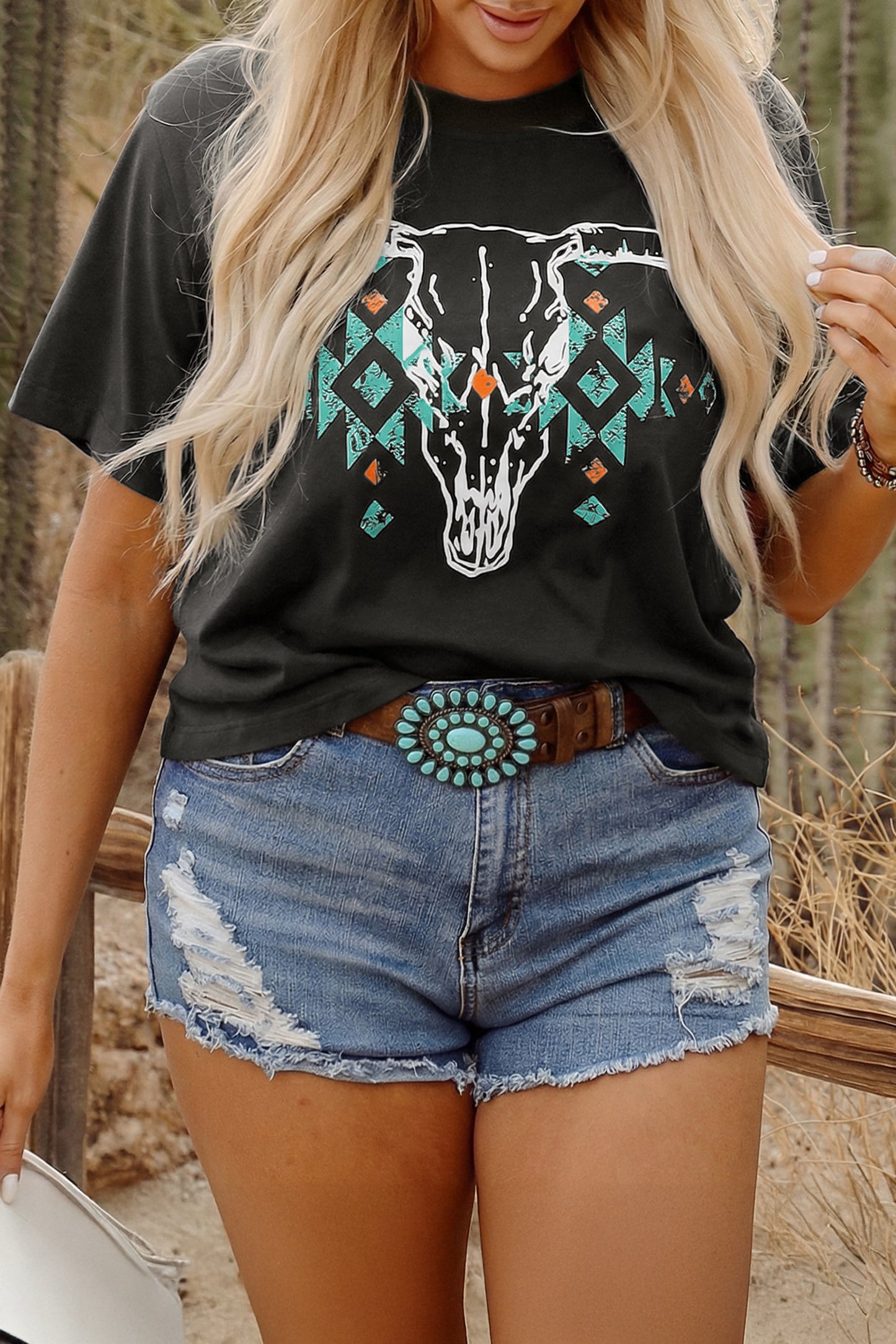 Plus Size Western Aztec Bull Skull Tee
