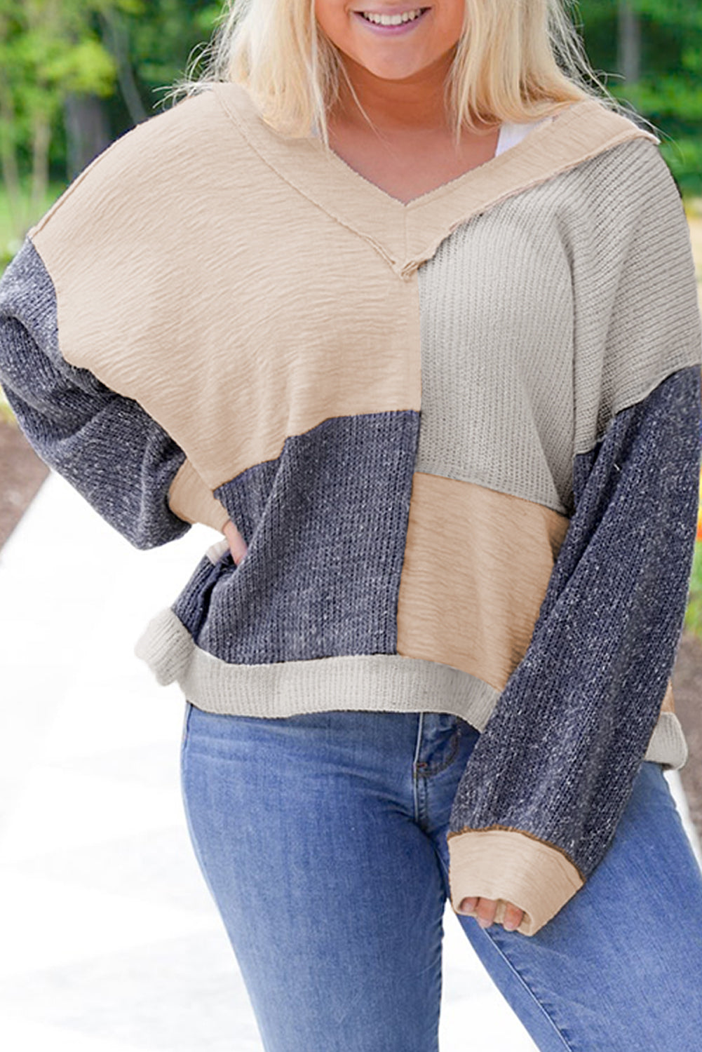 Plus Size Colorblock Patchwork V Neck Top