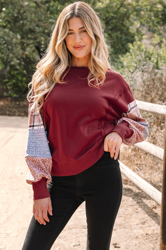 Plaid Colorblock Patchwork Sleeve Raw Seam Sweatshirt — More Colors