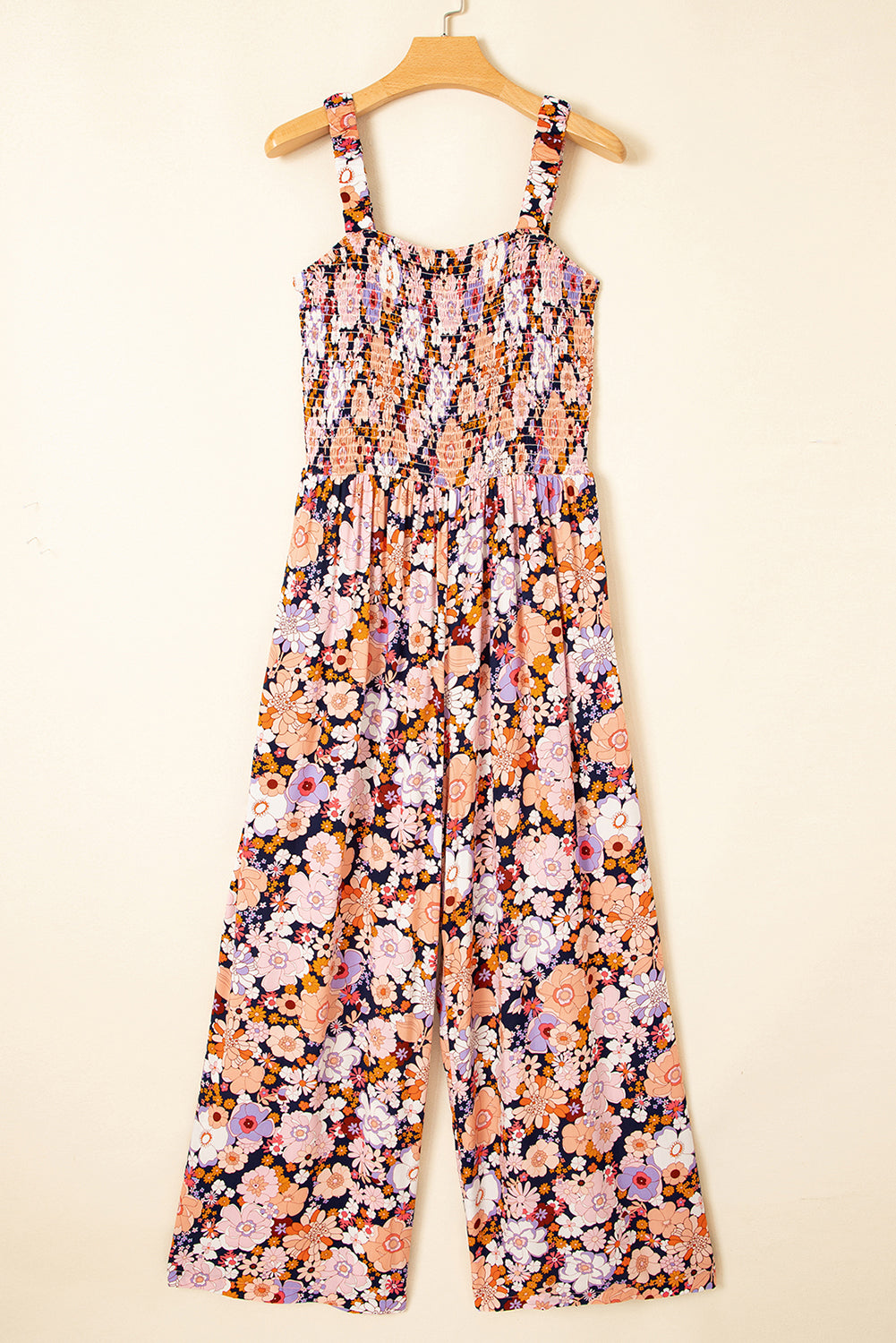 Floral Print Smocked High Waist Square Neck Jumpsuit — More Colors