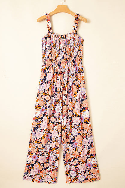 Floral Print Smocked High Waist Square Neck Jumpsuit — More Colors